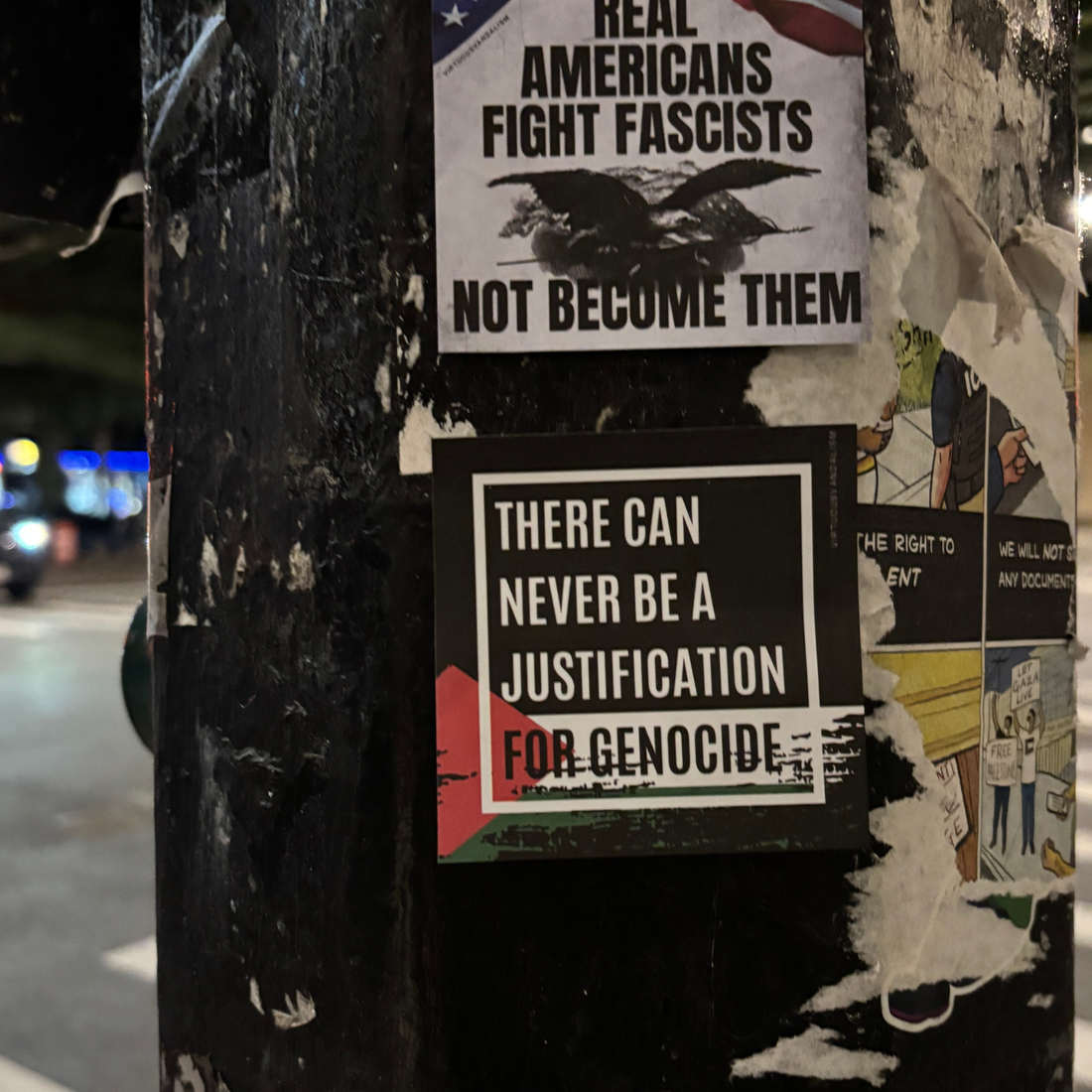 Virtuous Vandalism “No Justification Genocide” Sticky Notes