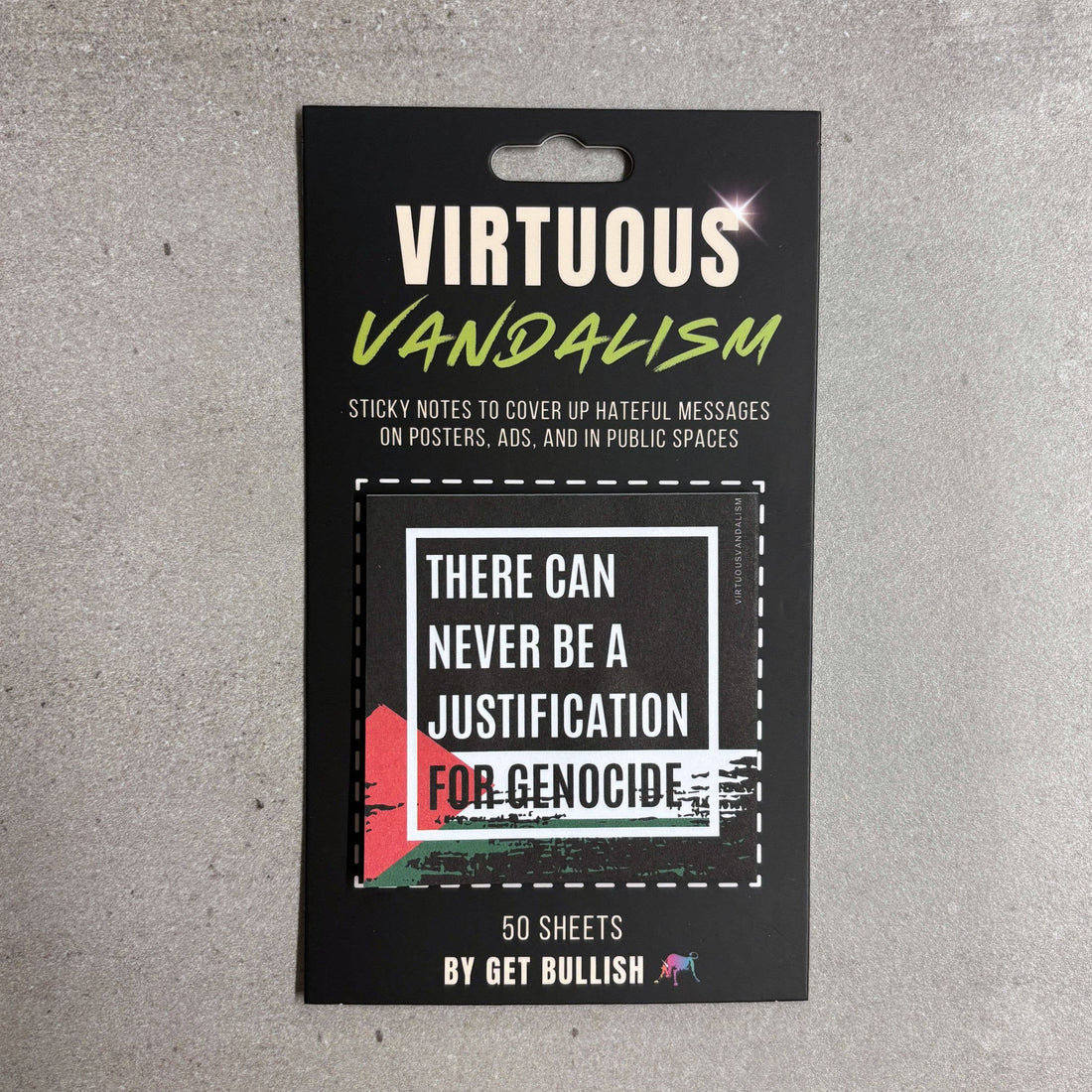 Virtuous Vandalism “No Justification Genocide” Sticky Notes